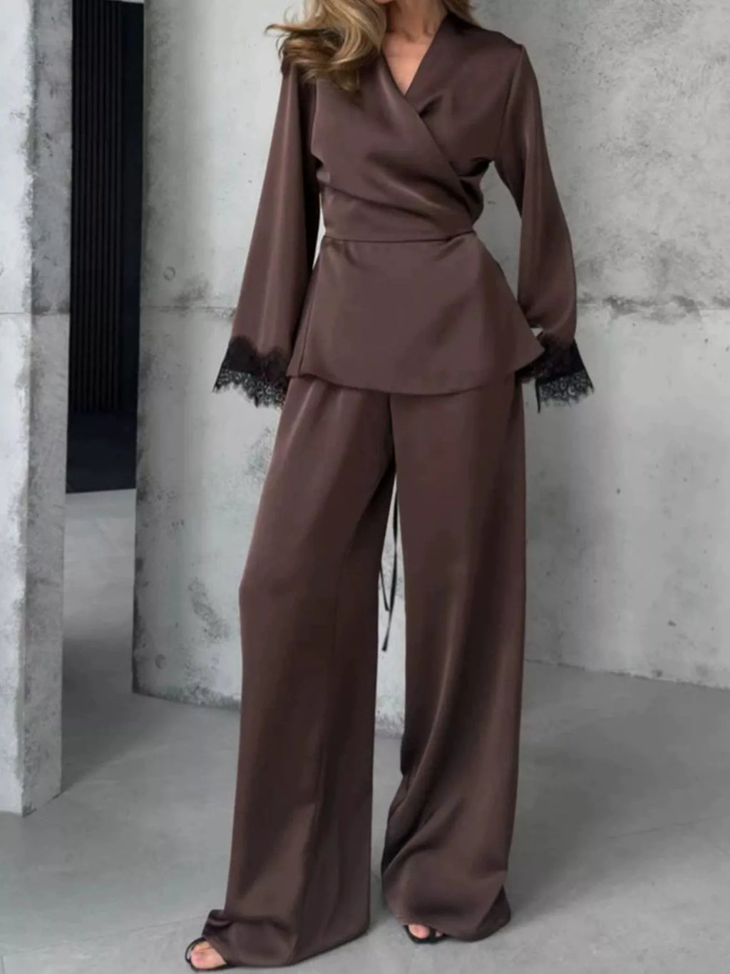 Lace Trim Wrap Top and Pants Set - Lilixa.store