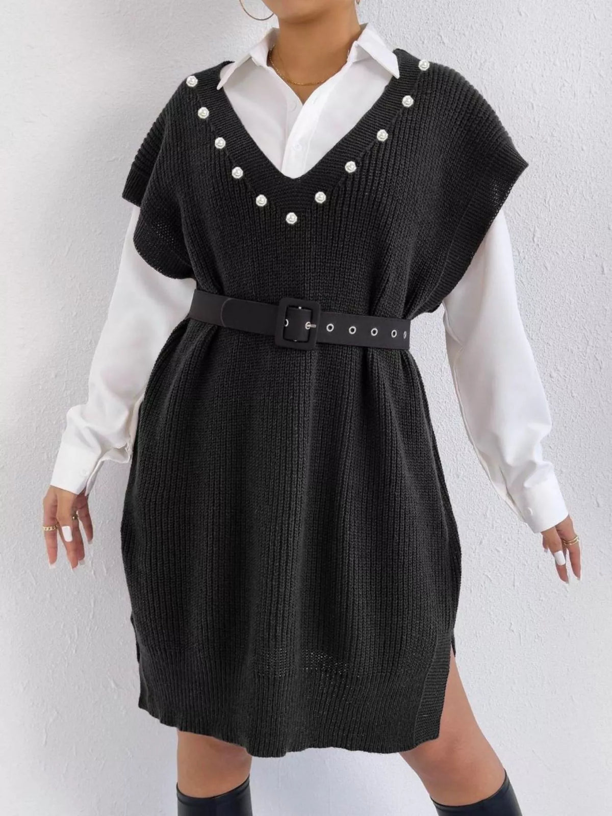 Slit V-Neck Sweater Dress, view 9