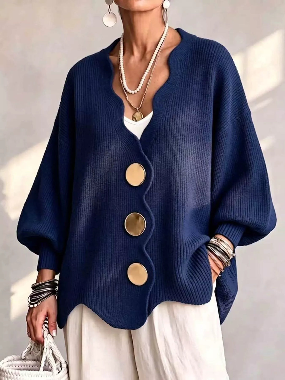 Full Size Scalloped-Edge Oversized Button-Down Cardigan Plus Size