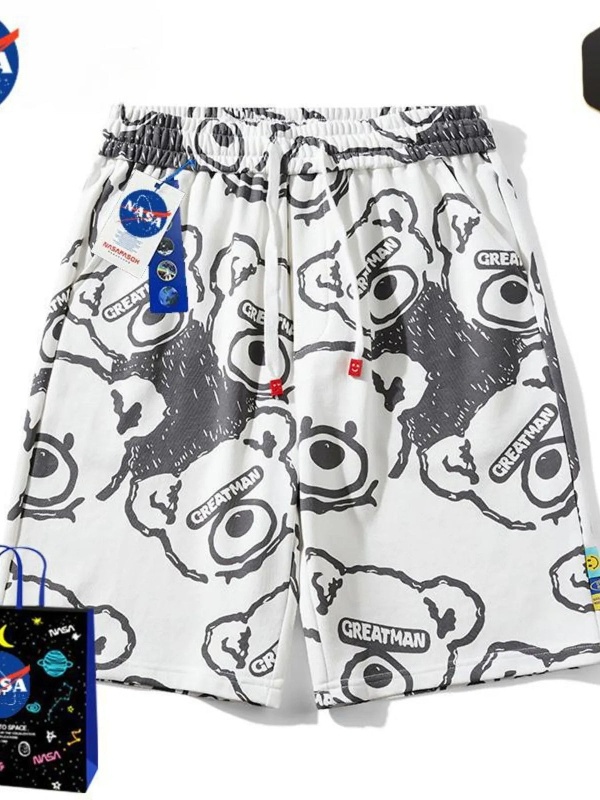 Men's Full Size Bear Print Shorts Plus Size in White