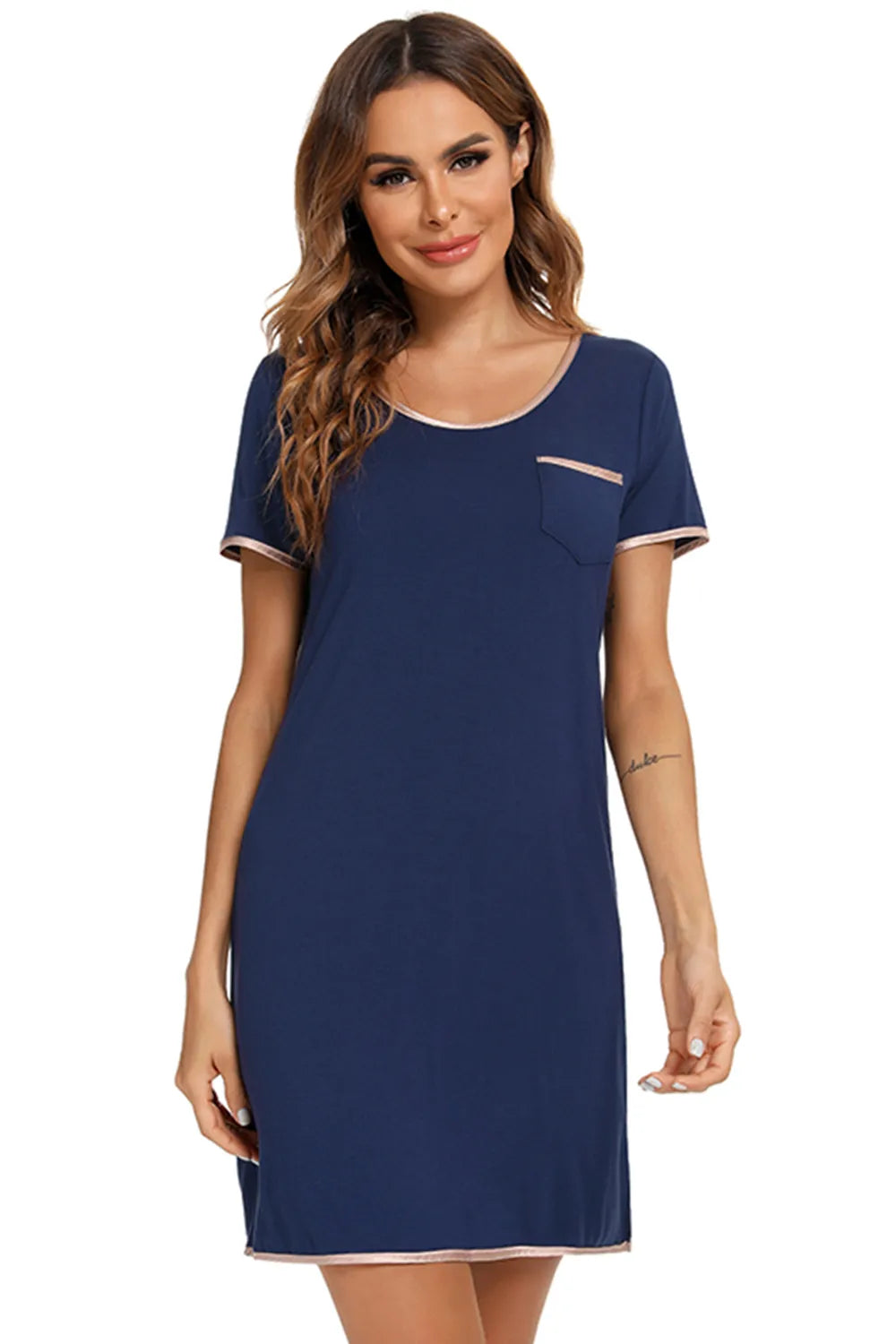 Contrast Trim Pocketed Round Neck Lounge Dress - Lilixa.store