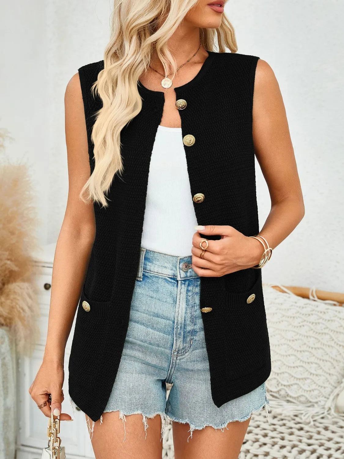 Button Down Round Neck Knit Vest, view 11