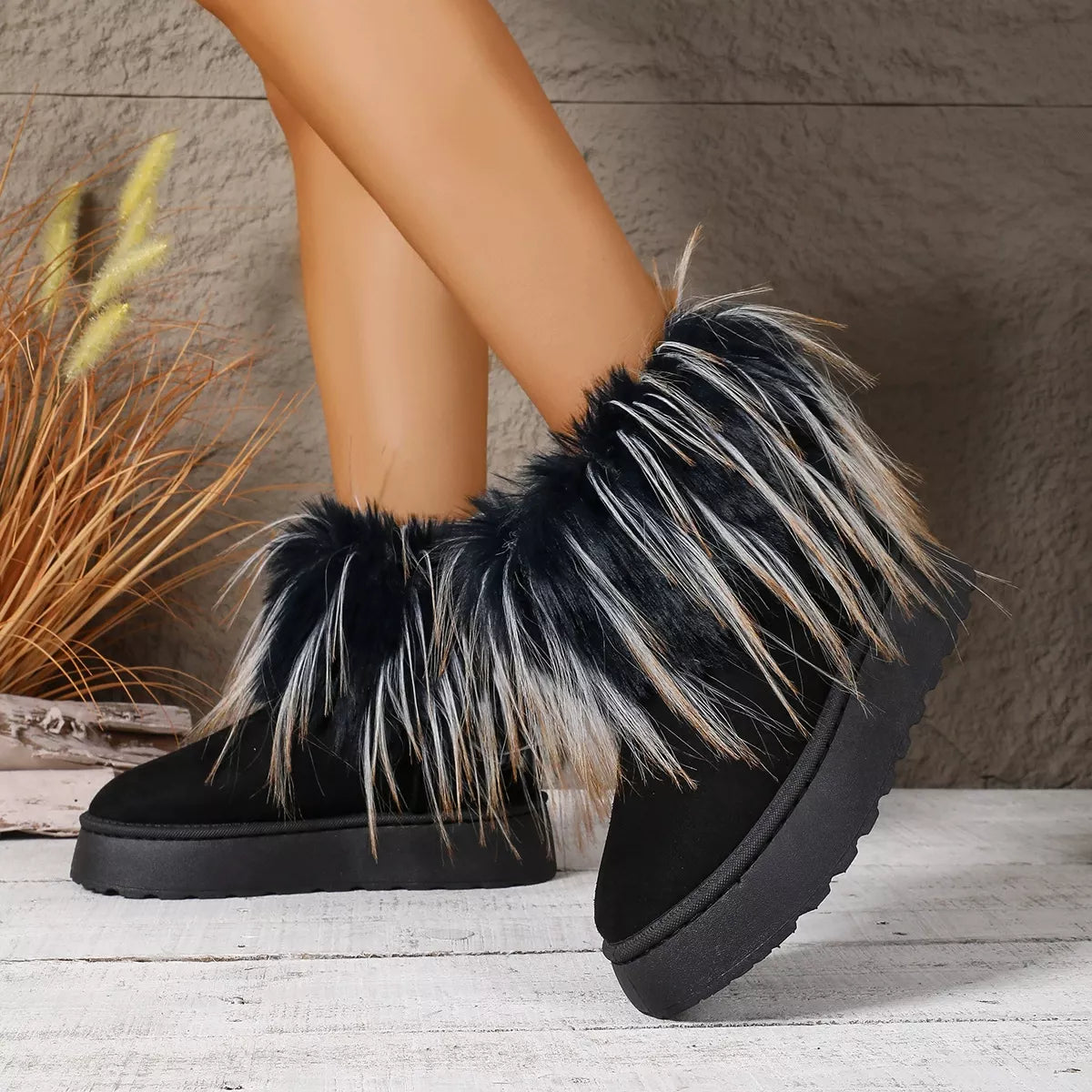 Fuzzy Trim Platform Ankle Boots - Lilixa.store