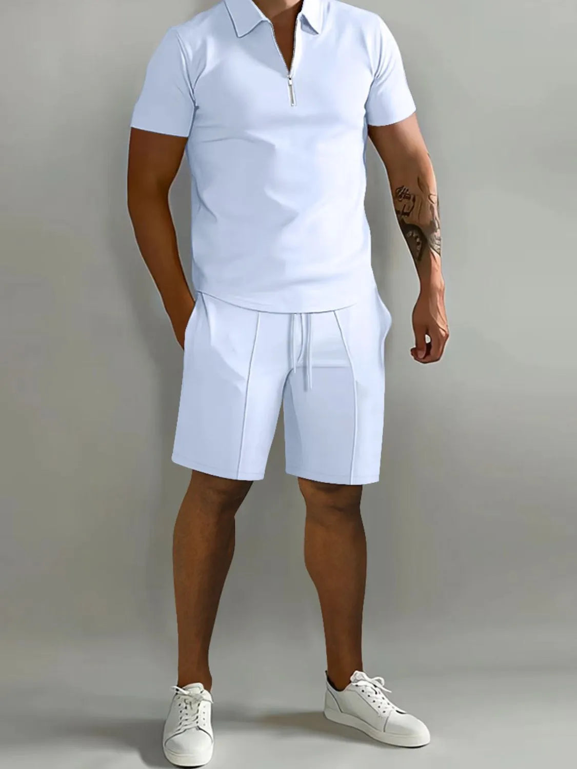 Men's Full Size Collared Neck Short Sleeve Top and Shorts Set Plus Size in White