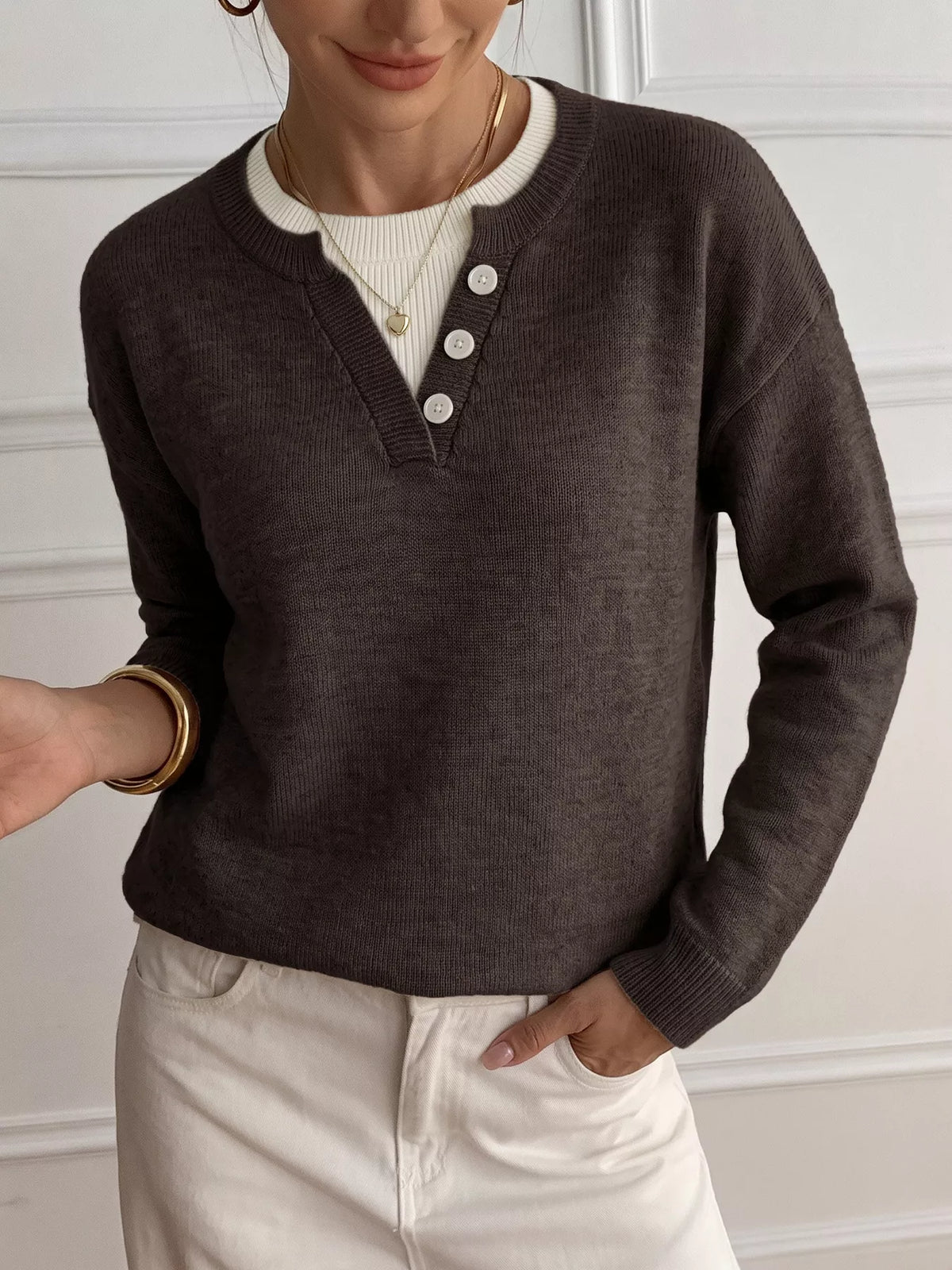 Decor Button-Placket Ribbed Knit Sweater