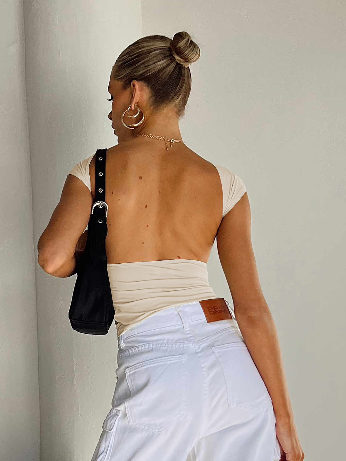 Backless Short Sleeve Cropped Blouse, view 15