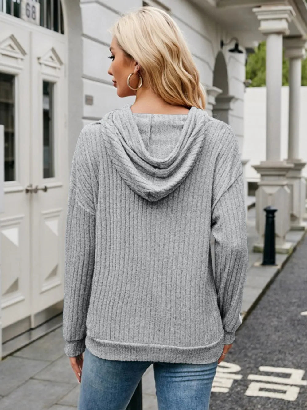 Ribbed Drawstring Long Sleeve Hoodie - Lilixa.store