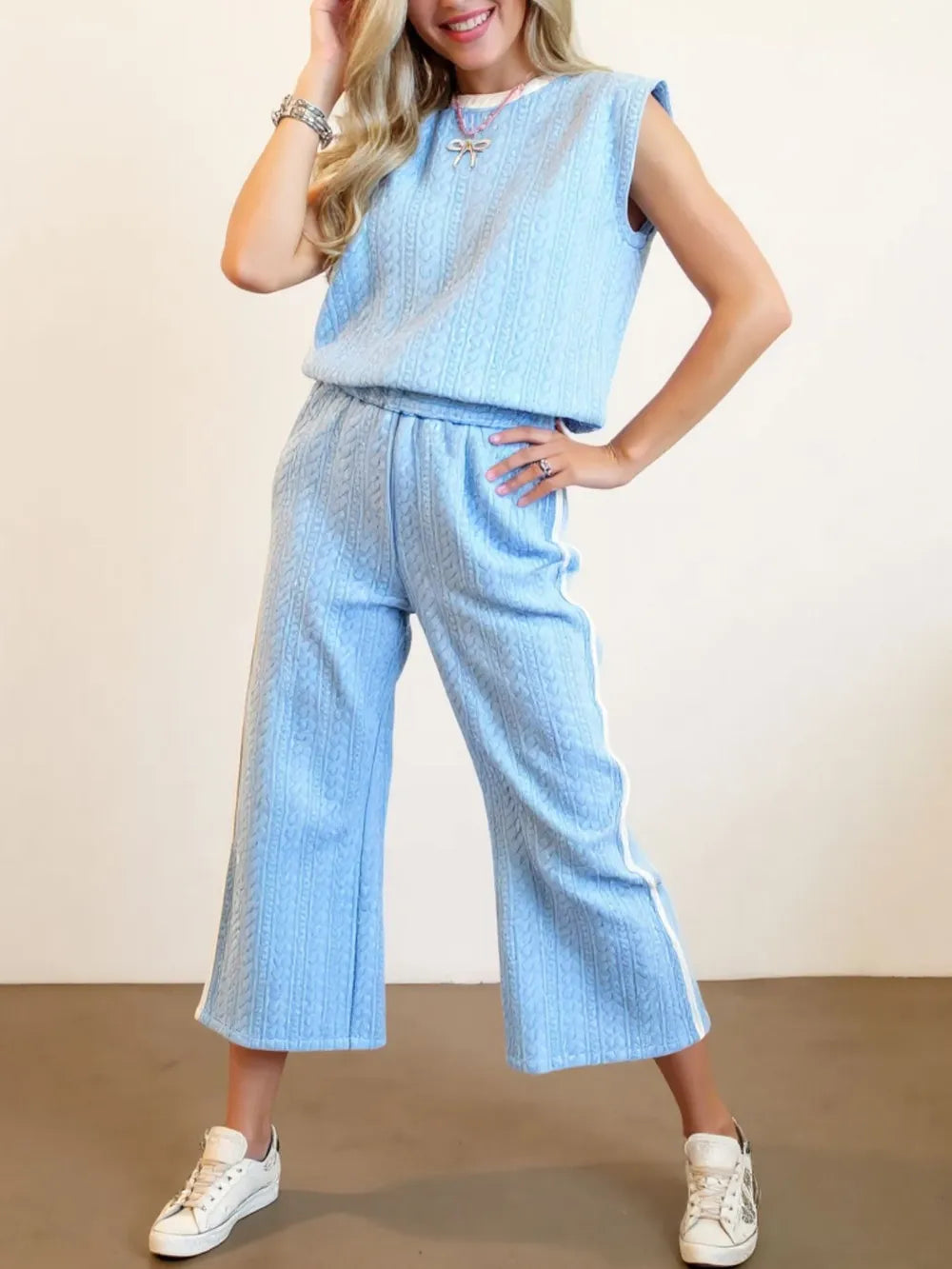 Oh Full Size Texture Contrast Trim Round Neck Top and Pants Set in Light Blue, view 3