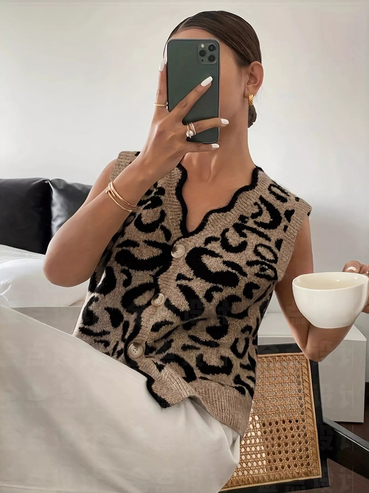 Plus Size Leopard Scalloped Edge Button-Down Sweater Vest