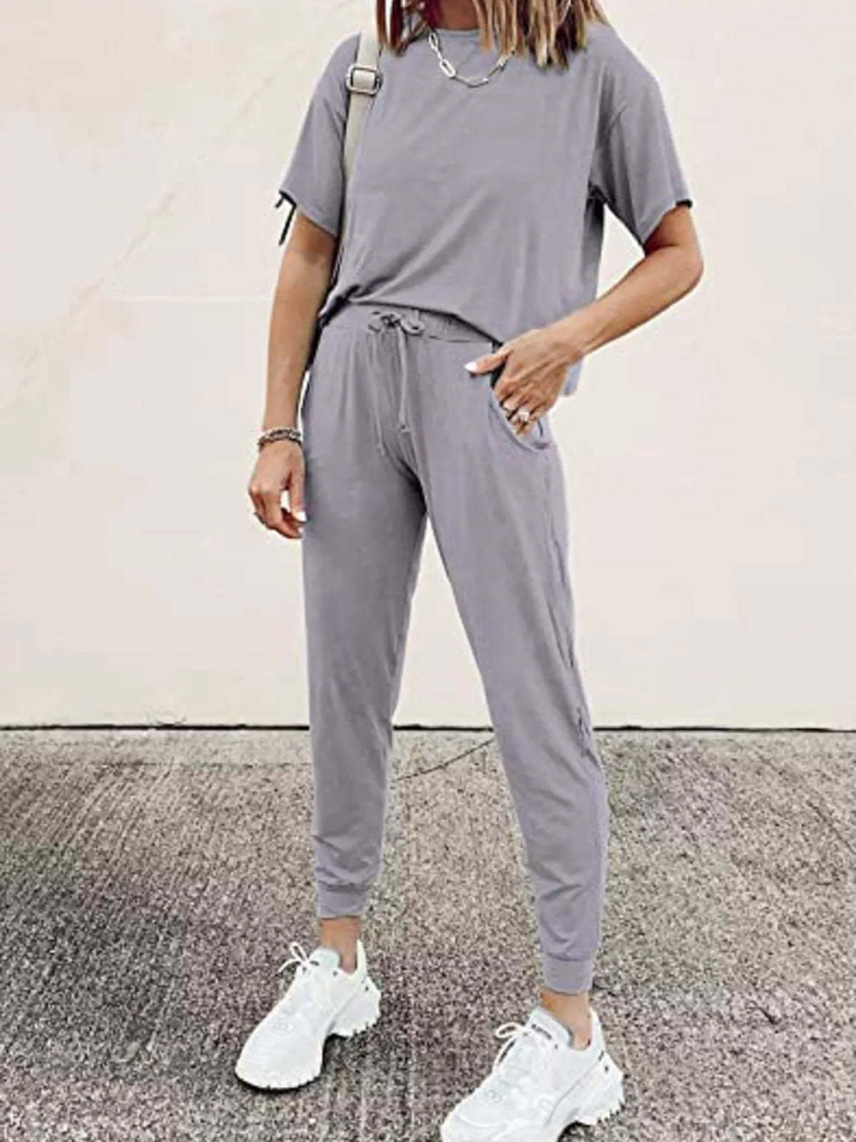 Full Size Round Neck Top and Drawstring Pants Set Plus Size - Lilixa.store