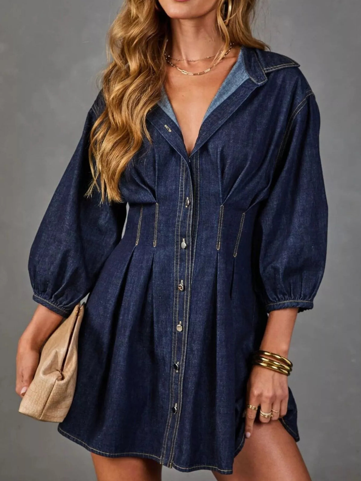 Button Down 3/4 Sleeve Denim Dress - Lilixa.store