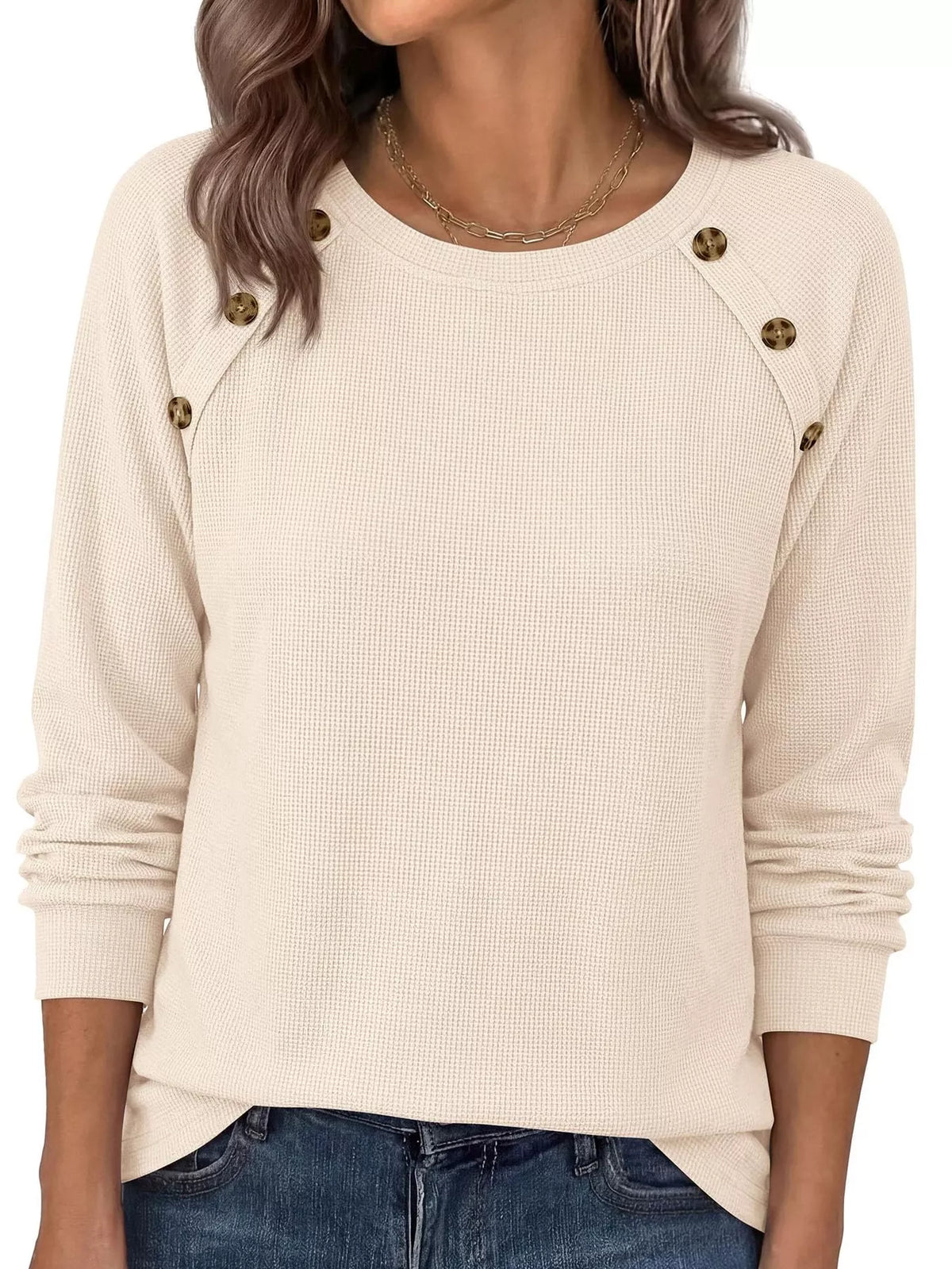 Decorative Button Waffle Knit Long Sleeve T-Shirt