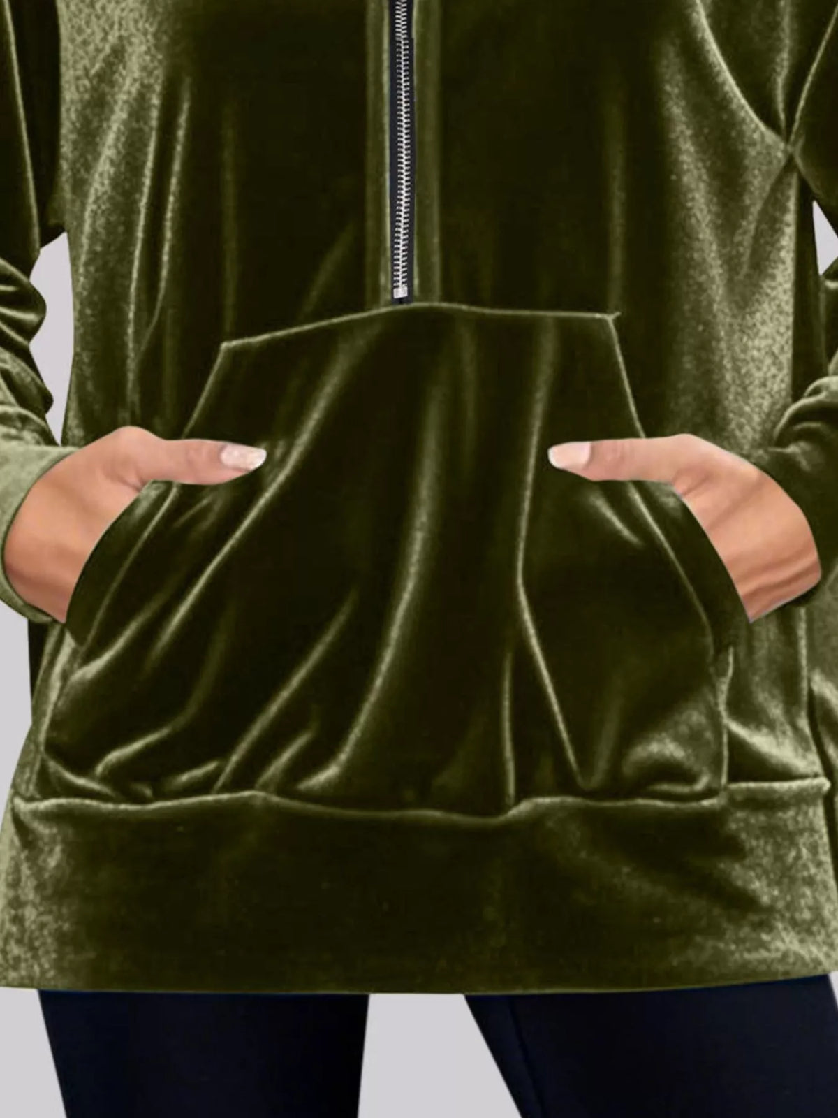Full Size Velvet Half Zip Hoodie with Kangaroo Pocket Plus Size - Lilixa.store