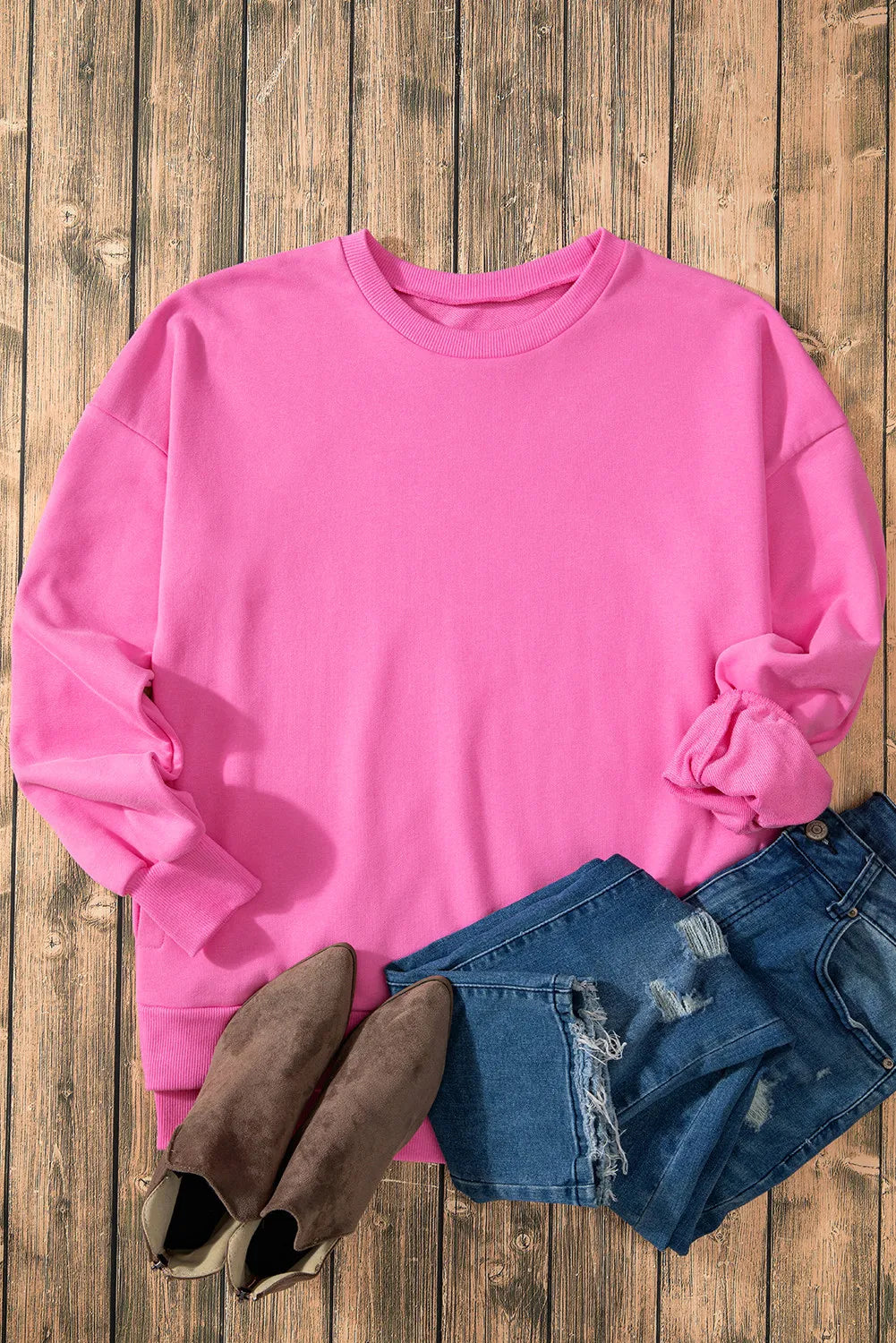 High-Low Round Neck Long Sleeve Sweatshirt - Lilixa.store