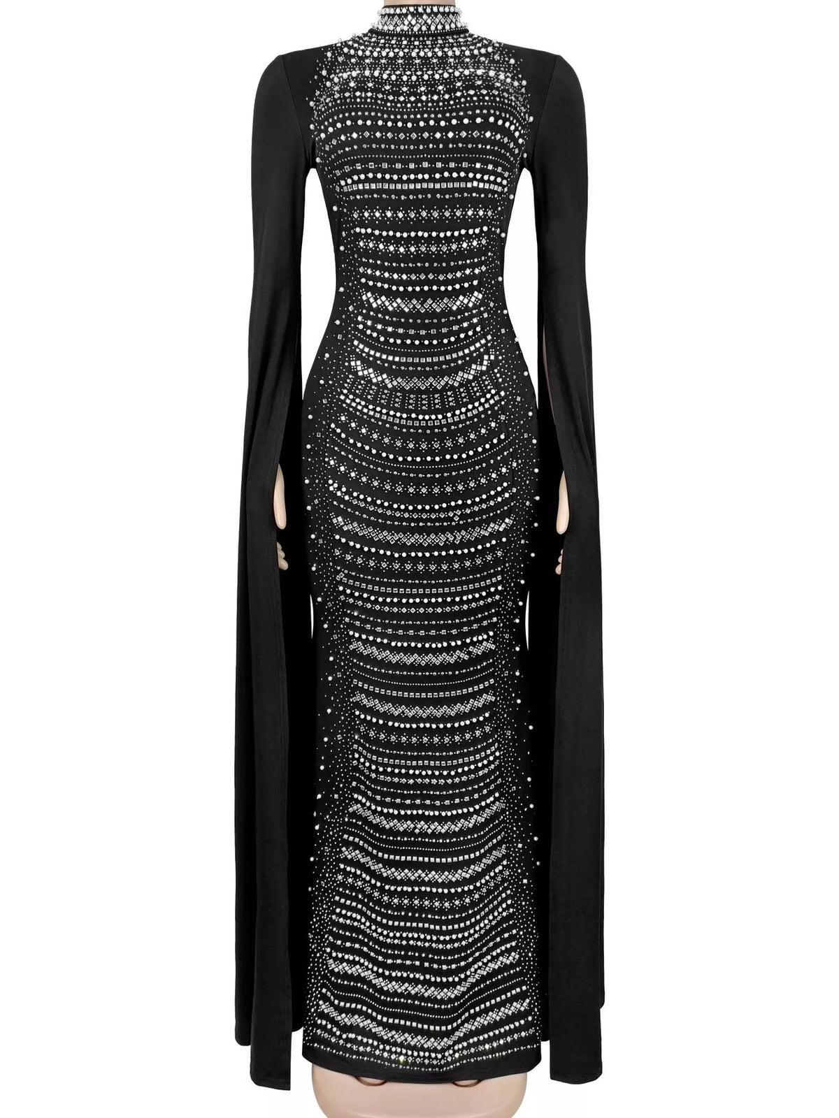 Rhinestone Slit Flare Sleeve Cape Maxi Dress - Lilixa.store