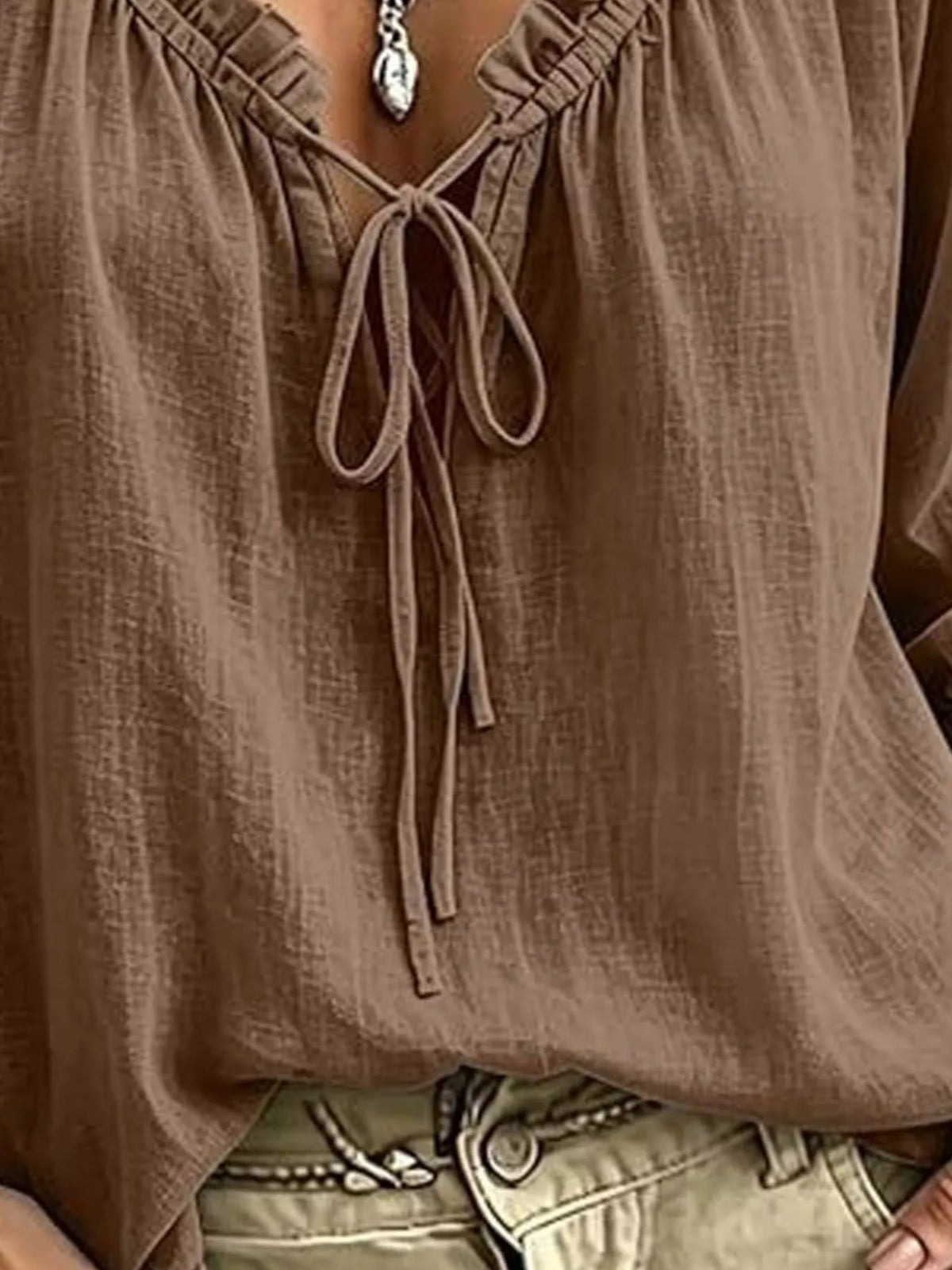 Frill Tie Neck 3/4 Sleeve Blouse - Lilixa.store
