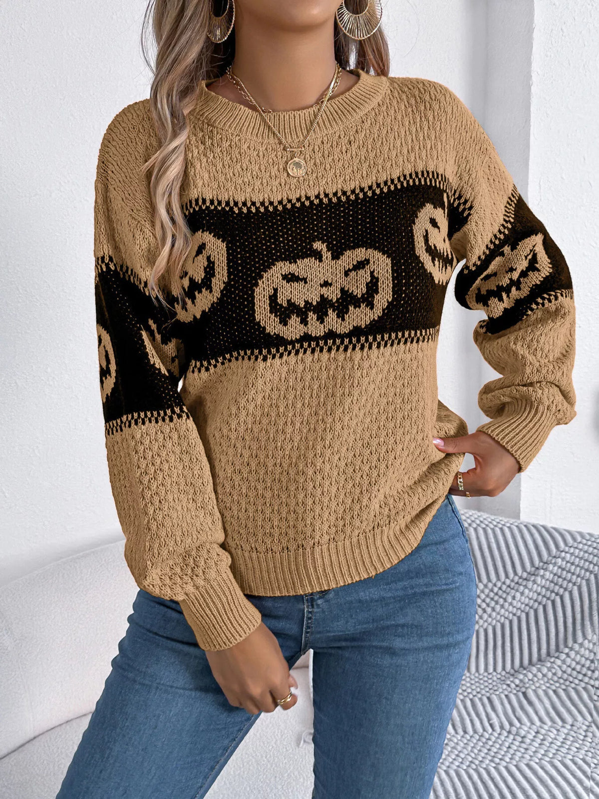 Halloween Pumpkin Pattern Round Neck Sweater in Camel