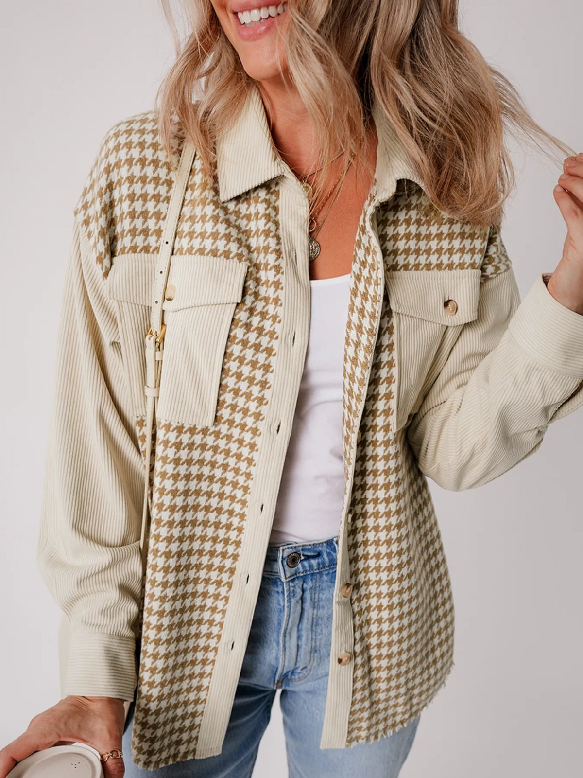 Houndstooth Button-Down Jacket in Beige, view 8