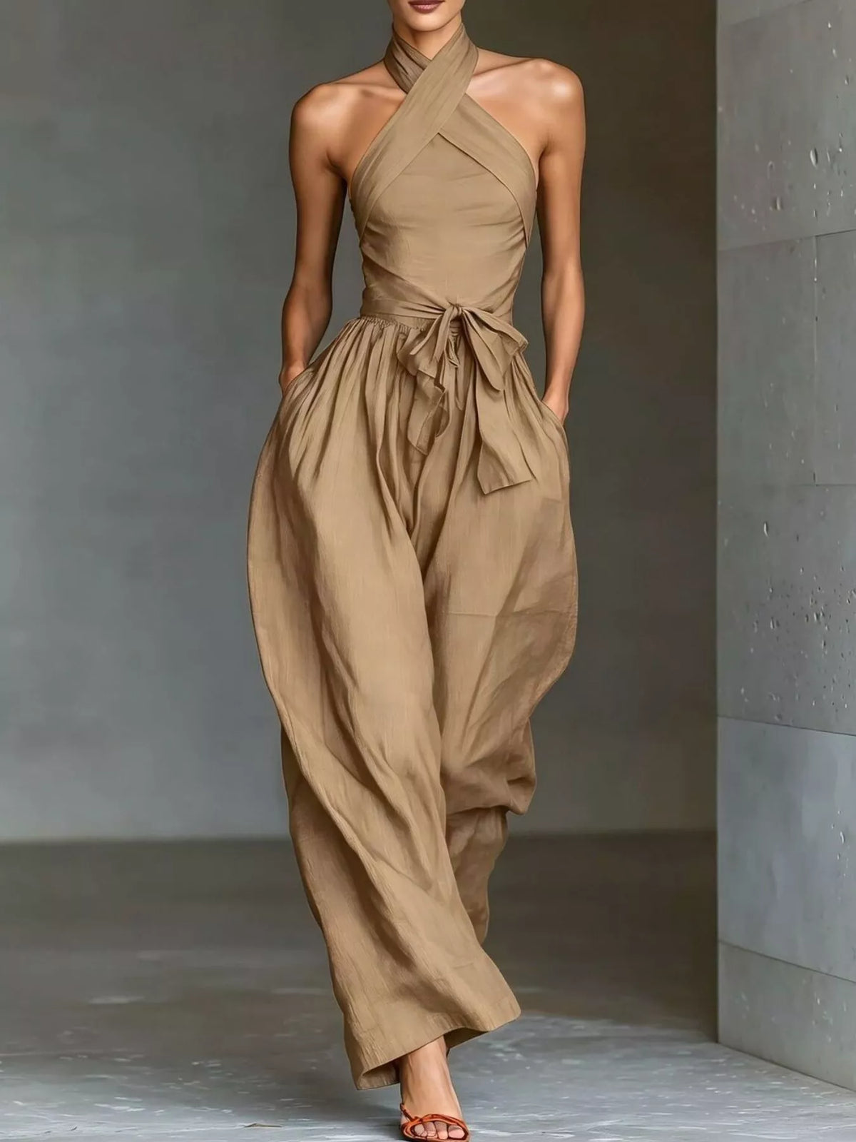 Halter Neck Wide-Leg Jumpsuit with Waist-Tie Detail - Lilixa.store
