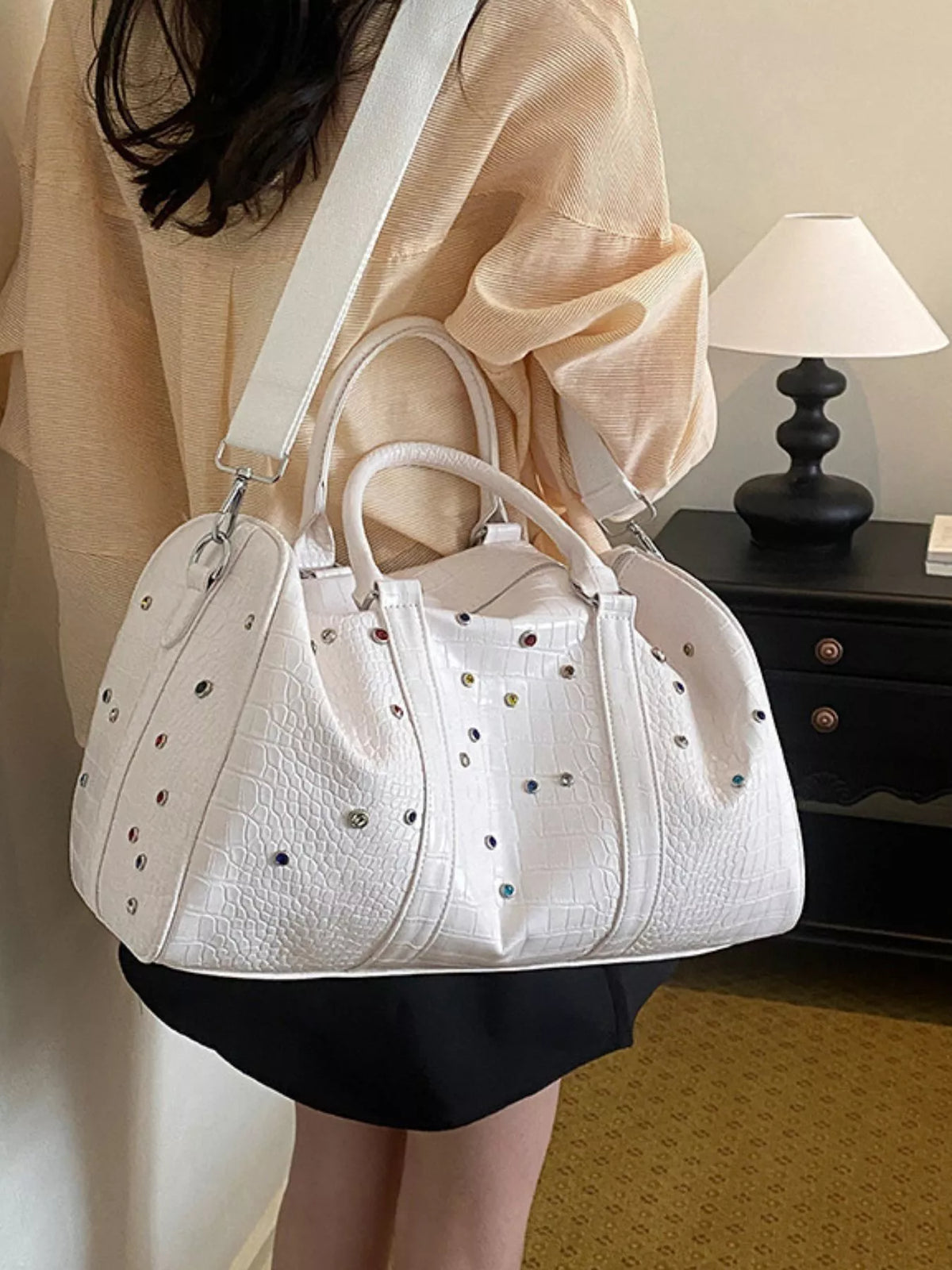 Crocodile Embossed Studded Travel Bag in White