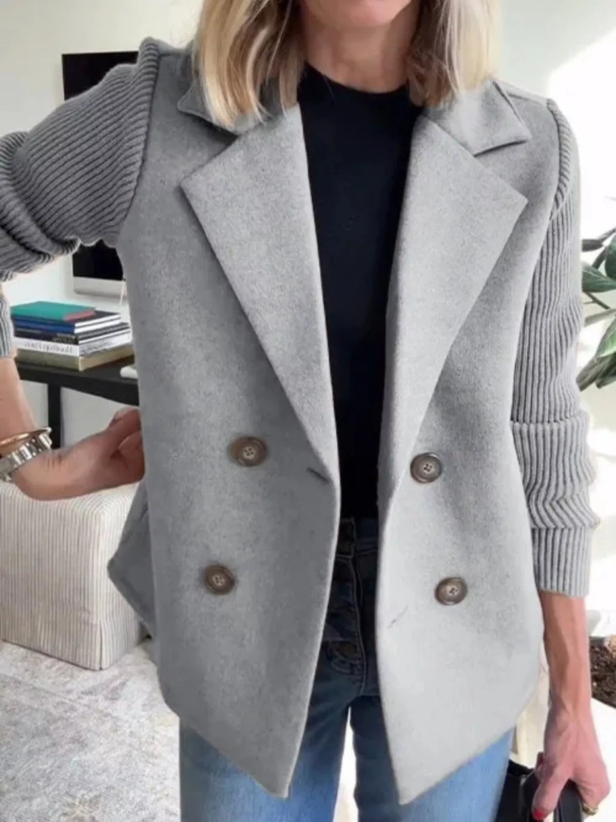 Full Size Knitted Sleeve Wool Blend Double-Breasted Blazer Plus Size - Lilixa.store