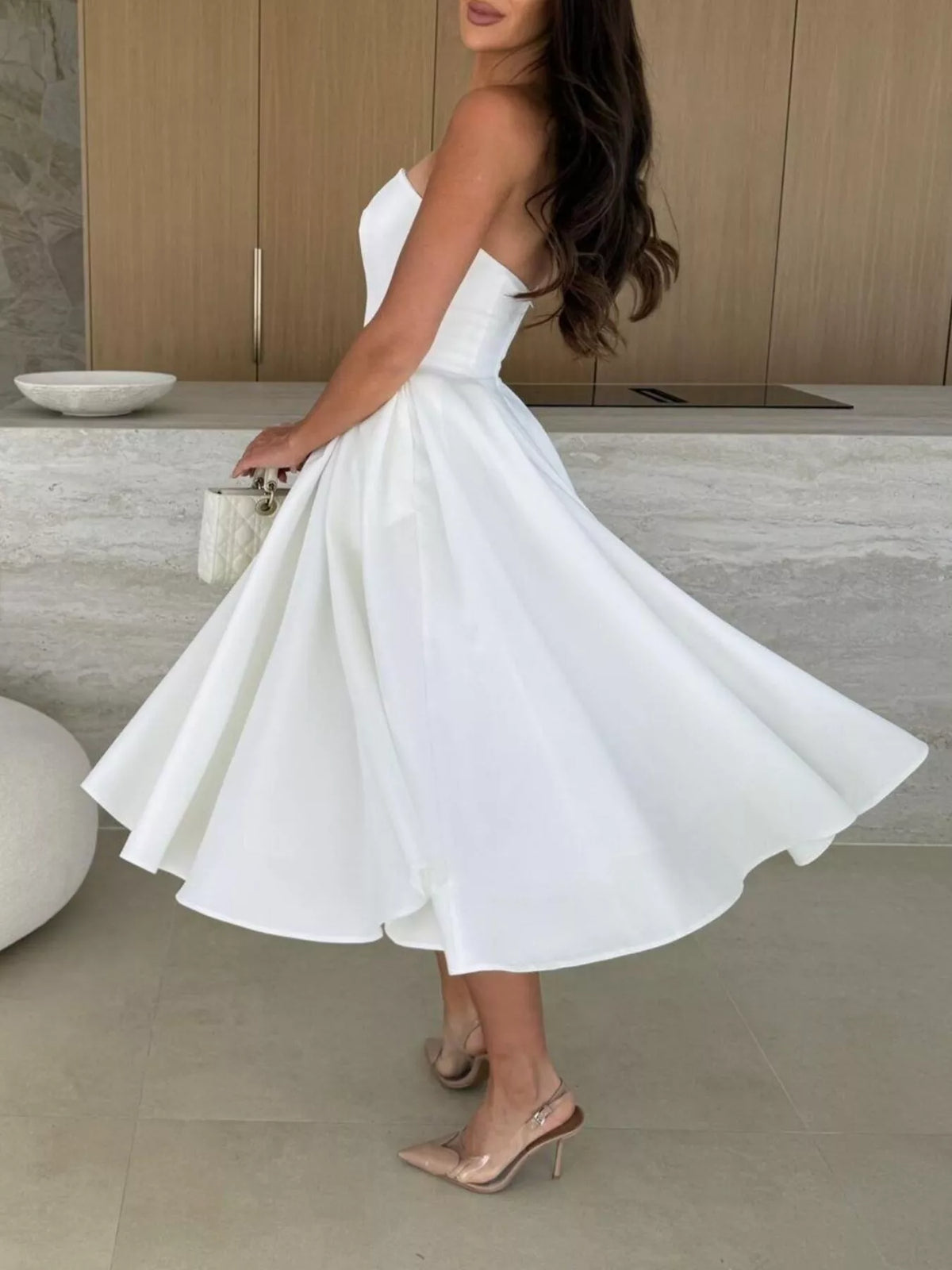 Strapless Ruched A-Line Midi Dress, view 12