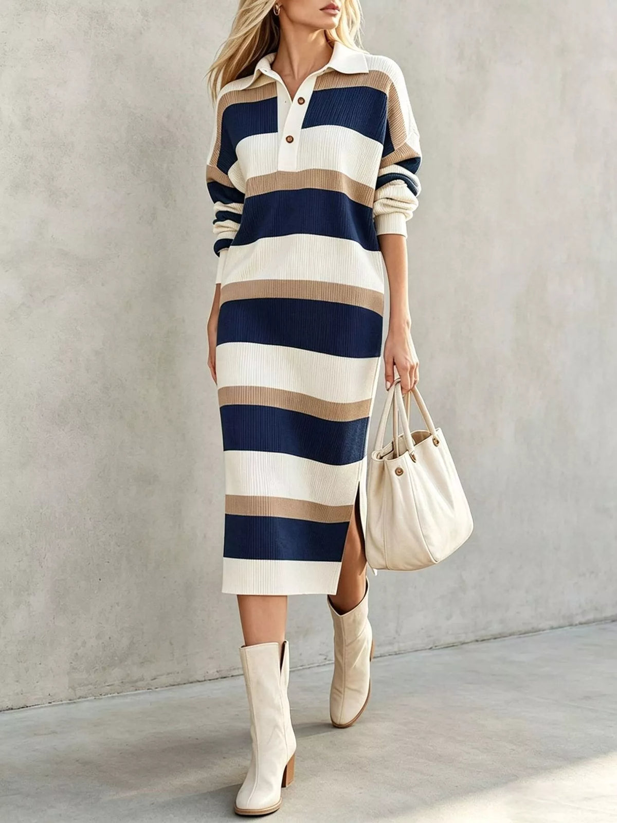 Striped Polo Collar Long Sleeve Sweater Dress - Lilixa.store