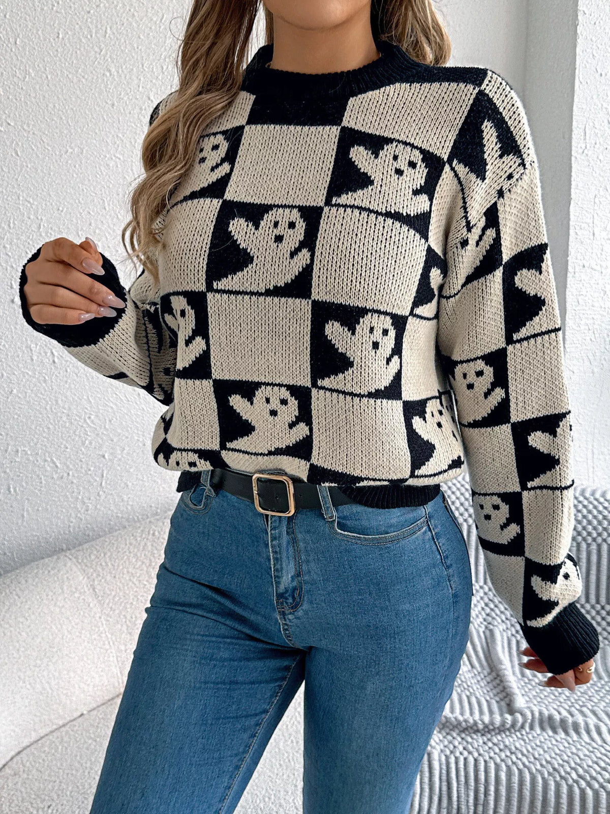 Checkerboard Halloween Graphic Sweater