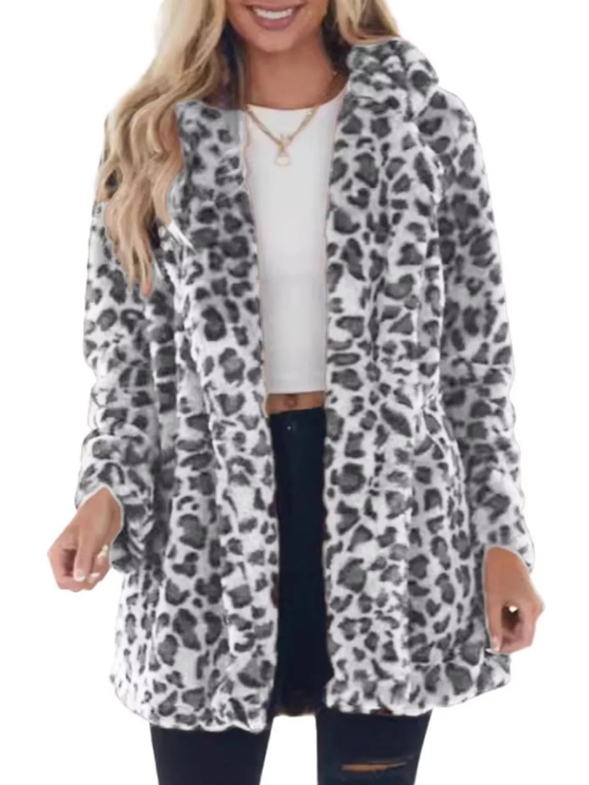 Full Size Leopard Faux Fur Open Front Outerwear Plus Size in White