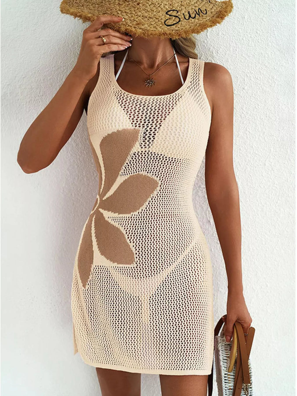 Side Slit Flower Crochet Knit Cover Up Dress - Lilixa.store