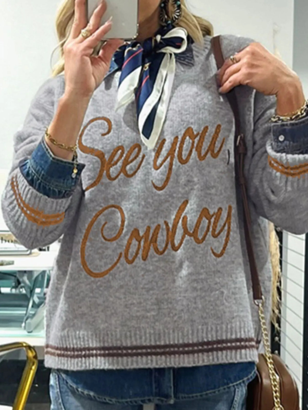 Letter Contrast Hem Round Neck Sweater - Lilixa.store