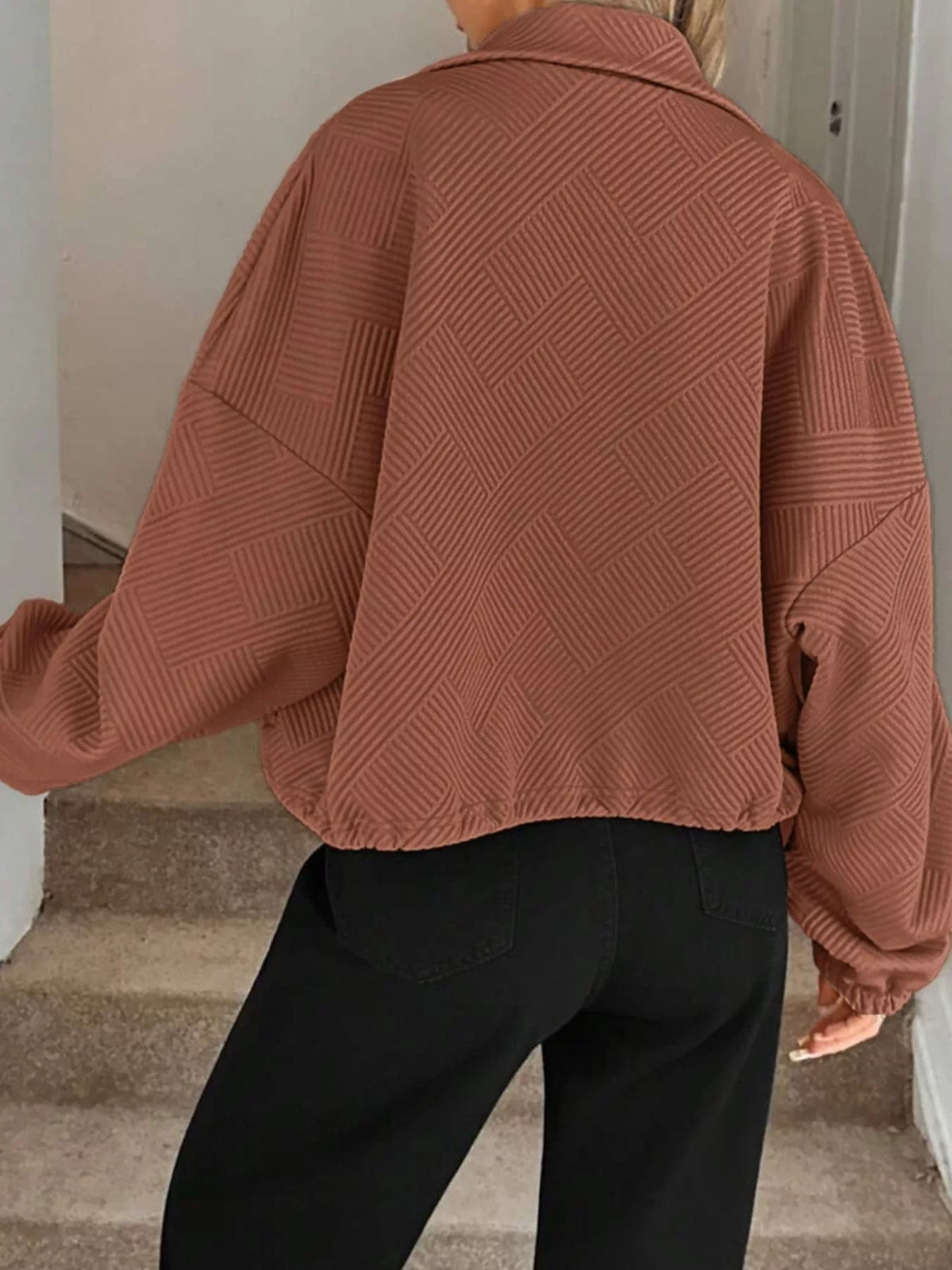 Textured Zip-Up Drawstring Hem Jacket, view 20