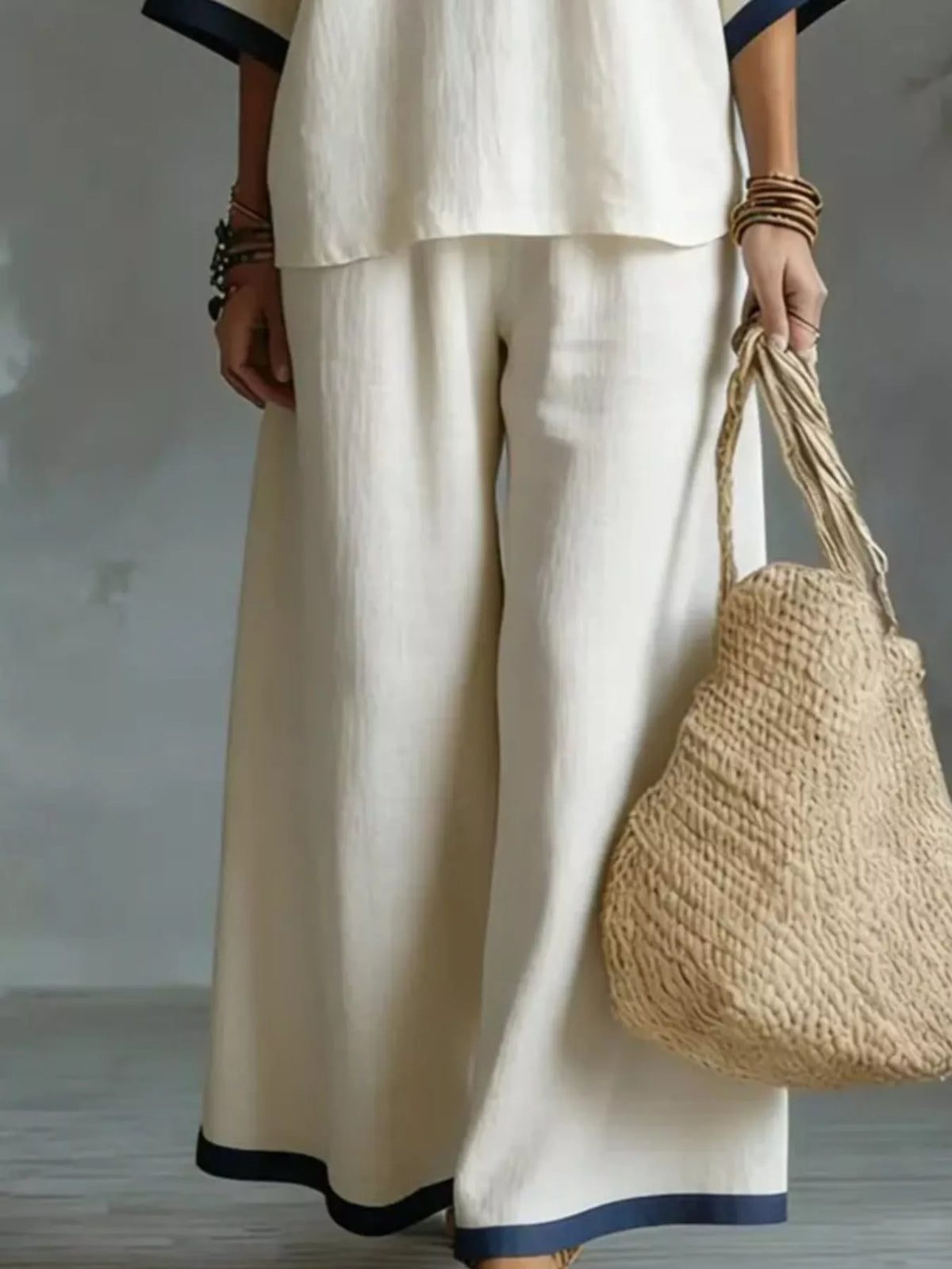 Full Size Contrast Trim V-Neck Top and Pants Set Plus Size - Lilixa.store