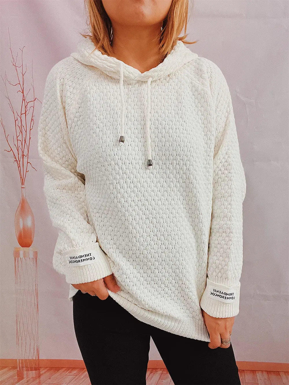 Drawstring Long Sleeve Hooded Sweater in Cream