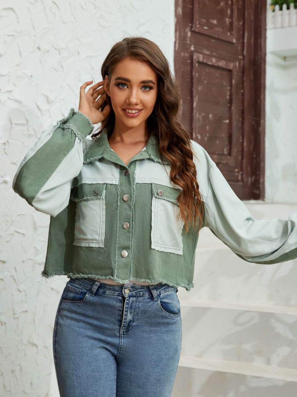 Color Block Crop Jacket with Pockets in Matcha Green