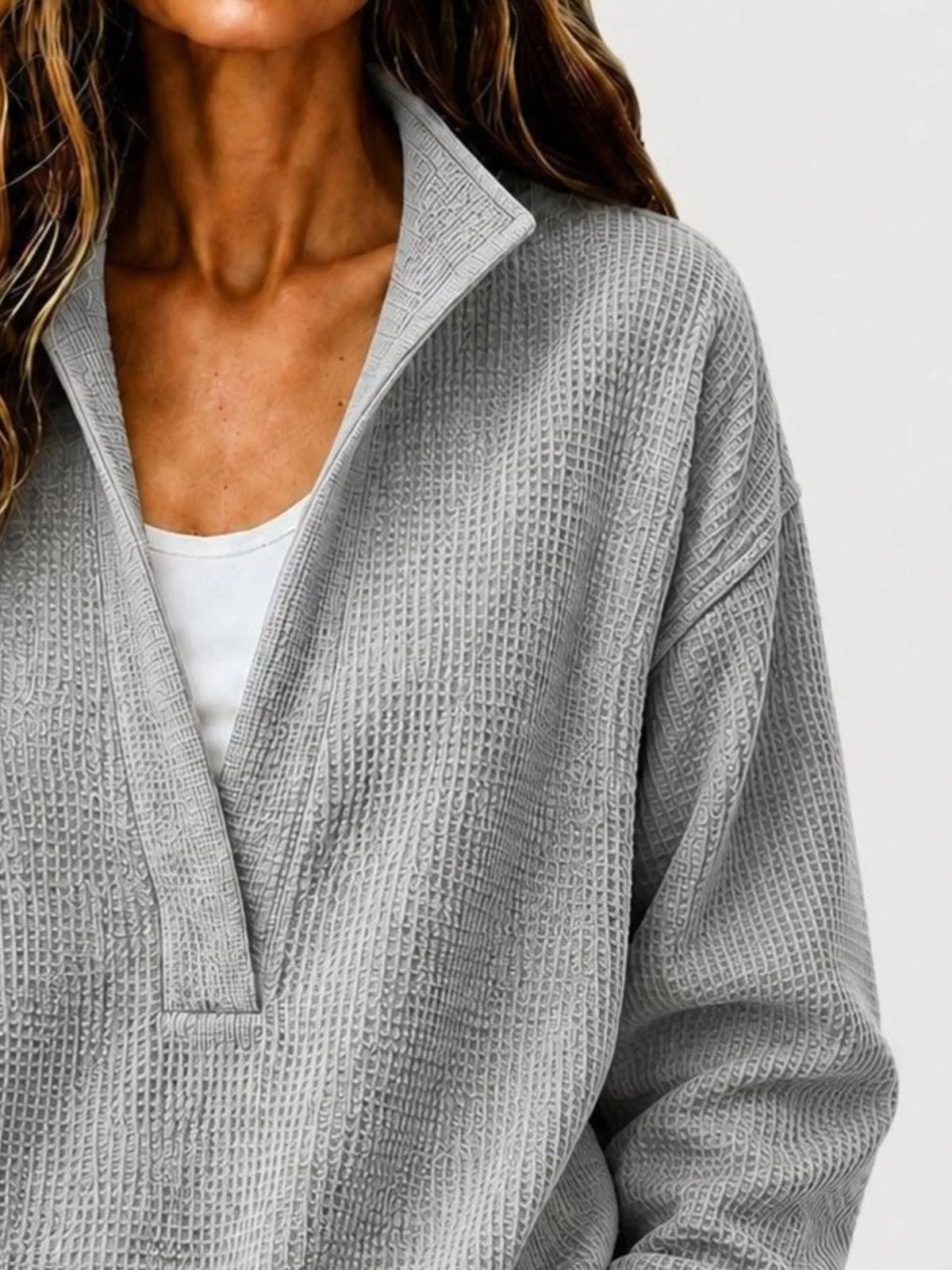 Full Size Waffle Knit Dropped Shoulder Sweatshirt Plus Size