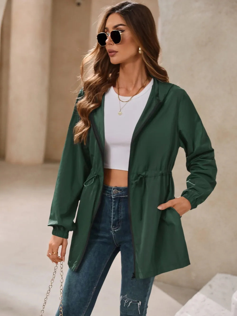 Ivy Lane Outdoor Waterproof Long Sleeve Hooded Windbreaker in Dark Green