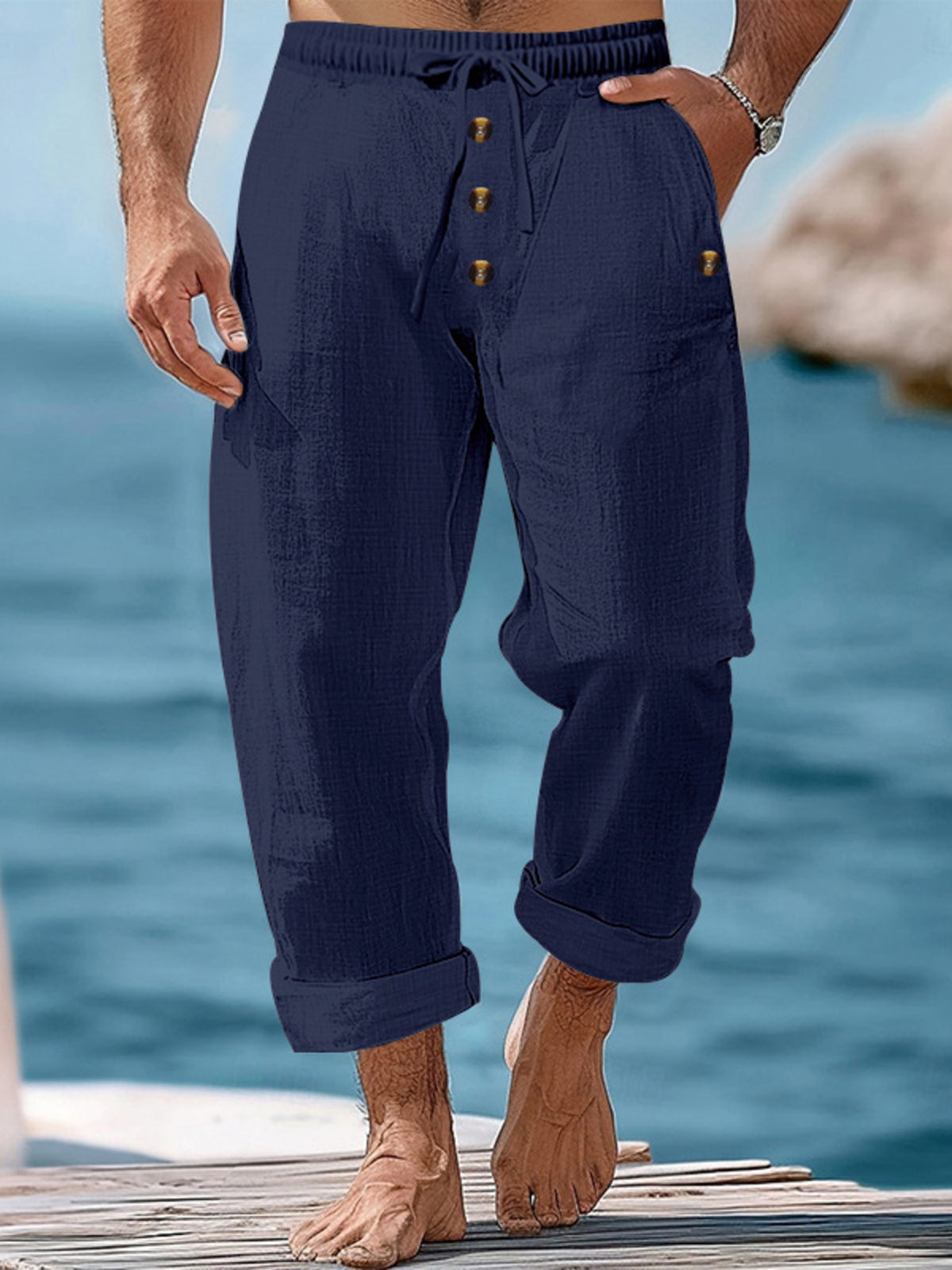 Men's Full Size Button-Fly Drawstring Pants Plus Size in Navy Blue