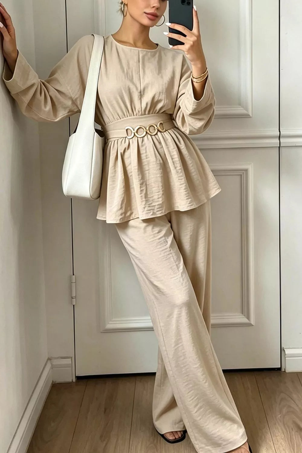 Metal Chain Waist Detail Top and Pants Set - Lilixa.store