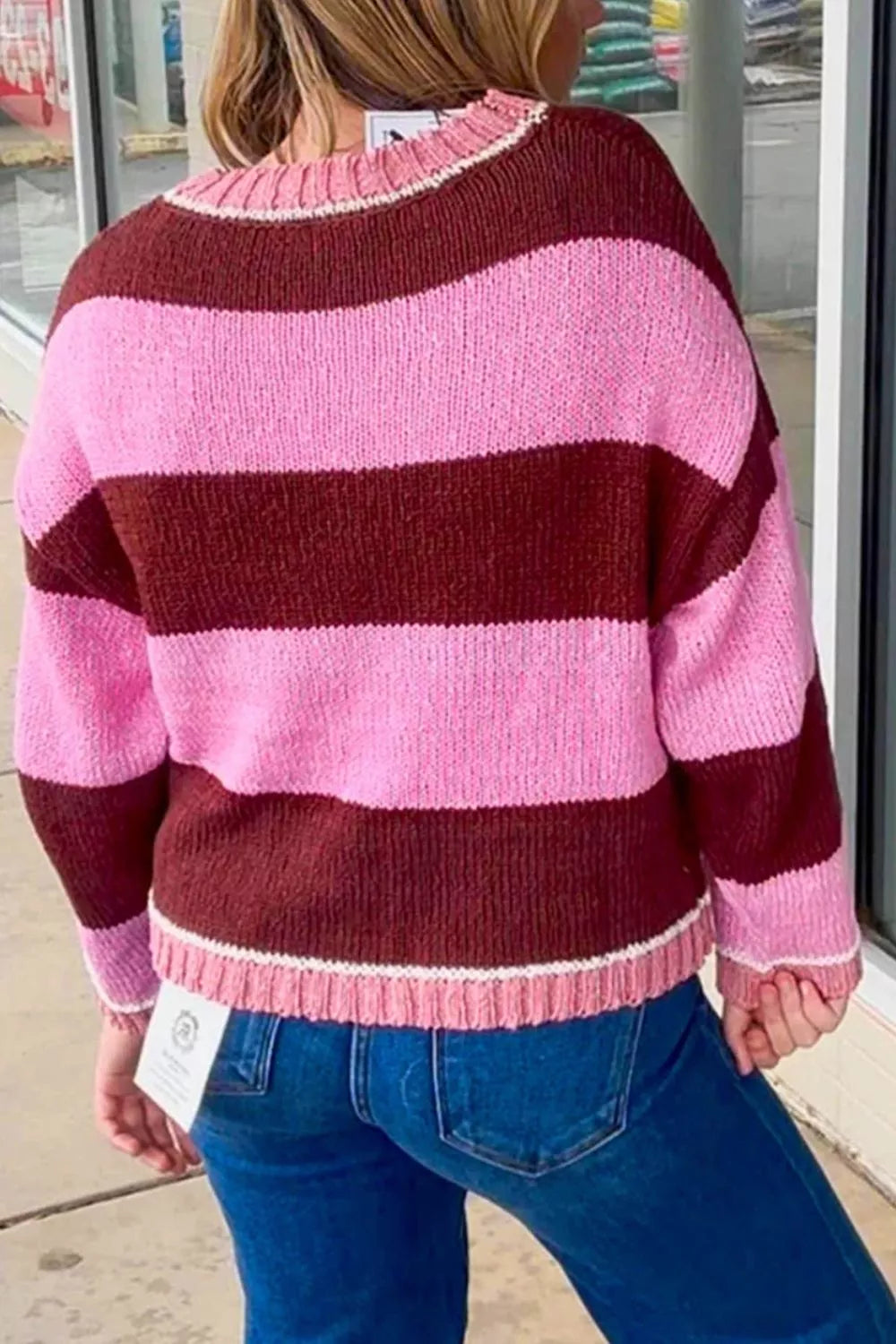 Striped Drop Shoulder Long Sleeve Pullover Regular Fit Knit Sweater