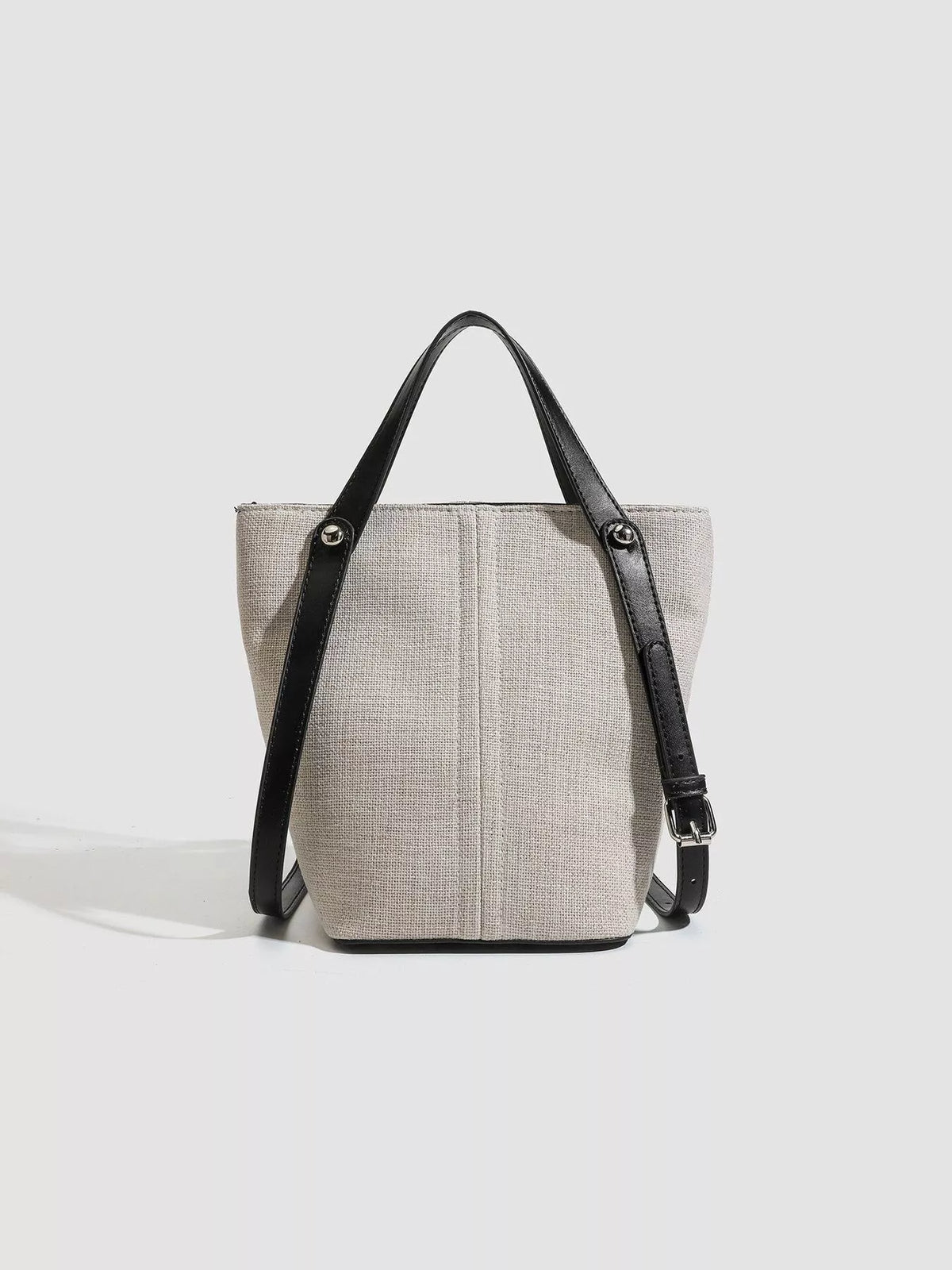 Canvas Bucket Handbag with Contrast Leather Straps in Light Gray, view 5