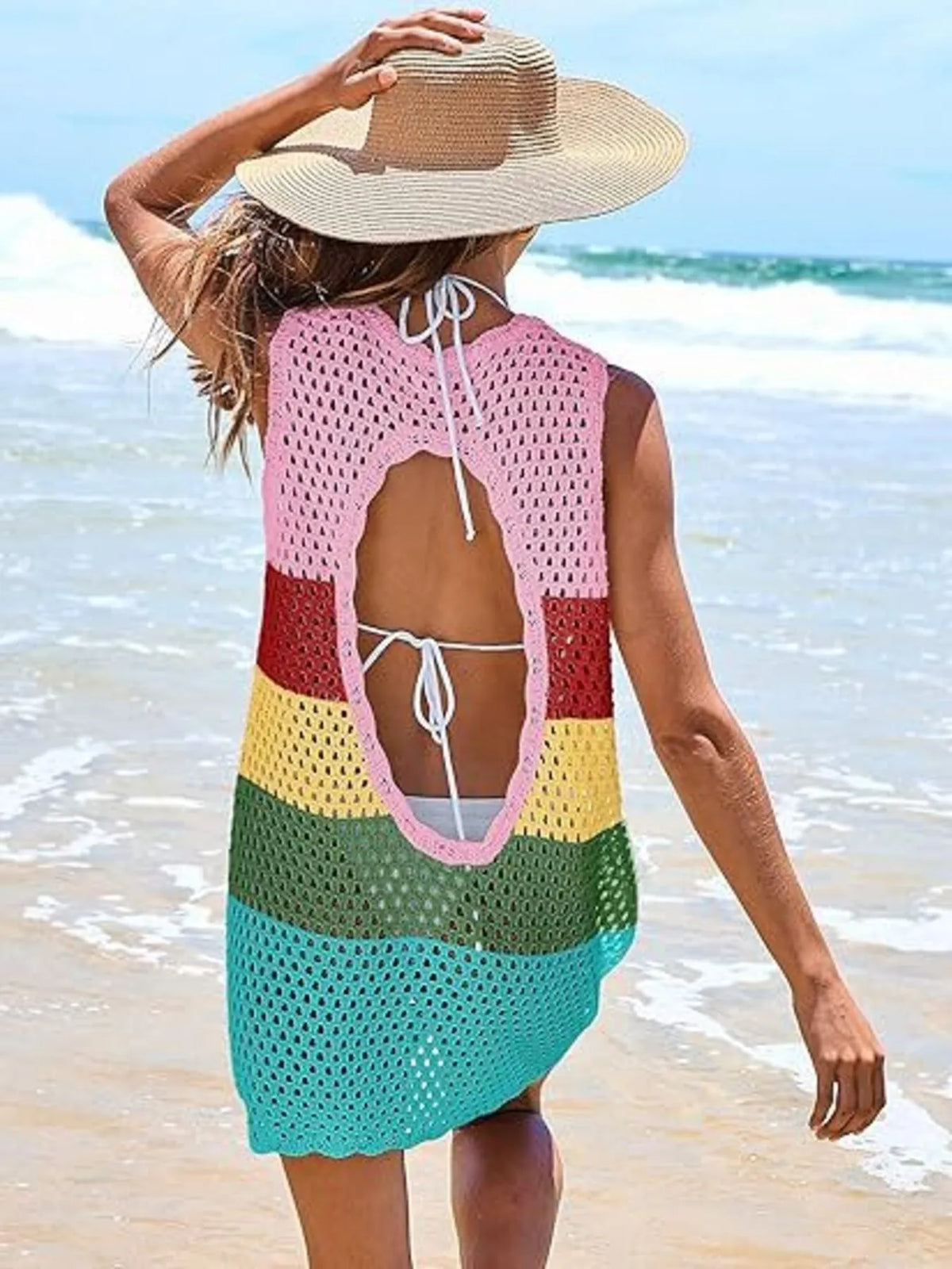 Color Block Openwork Sleeveless Cutout Back Cover-Up - Lilixa.store