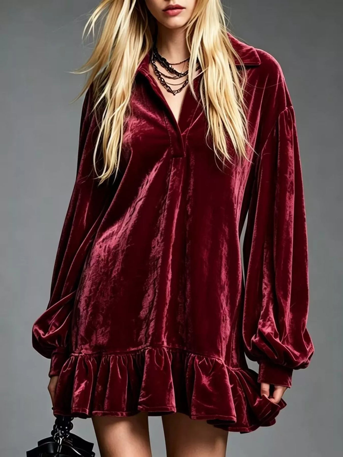Full Size Velvet Long-Sleeve Ruffle Hem Mini Dress Plus Size