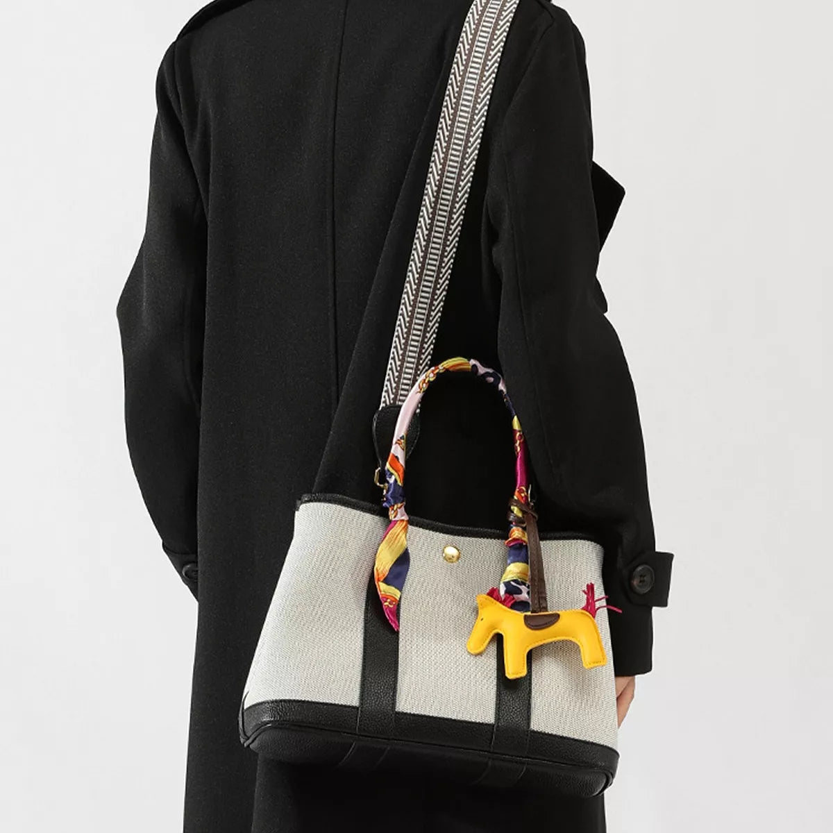 Canvas Handbag with Silk Scarf and Horse Charm in Black, view 5