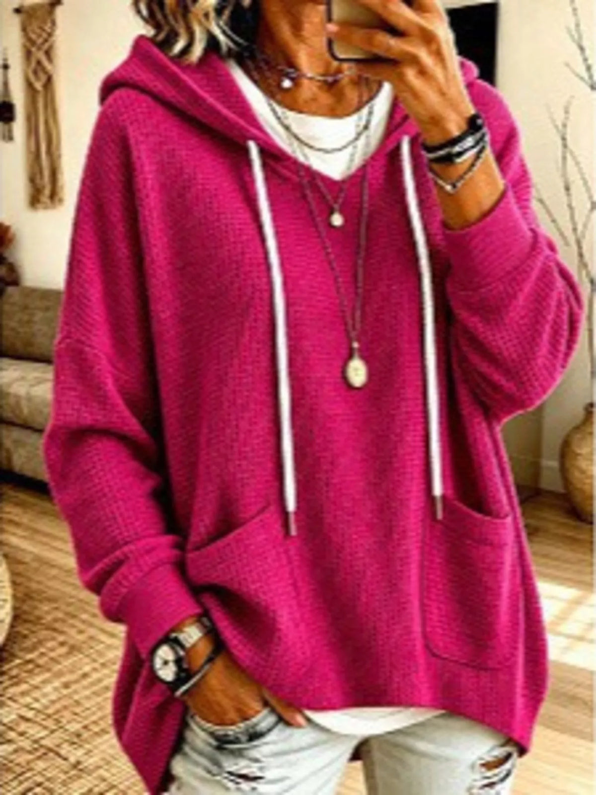 Full Size Waffle Knit Hoodie with Pockets Plus Size - Lilixa.store