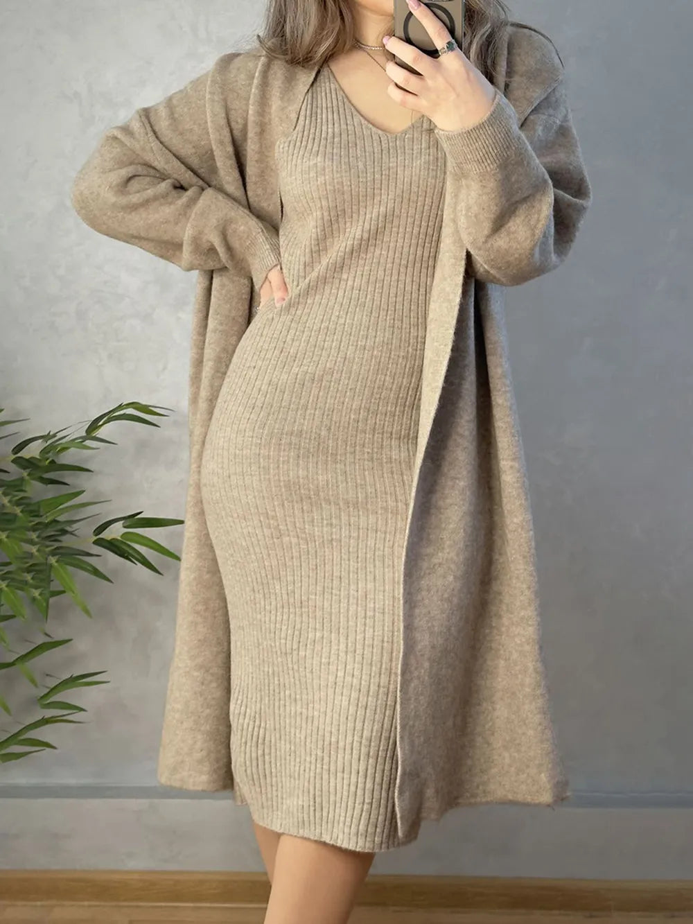 V-Neck Cami Dress and Open Front Cardigan Sweater Set, view 8