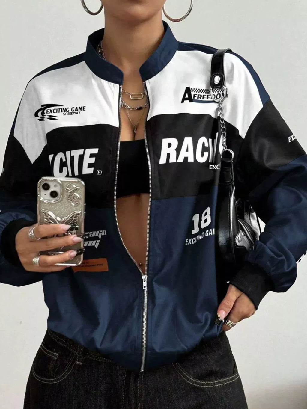 Letter Print Zip Up Jacket - Lilixa.store