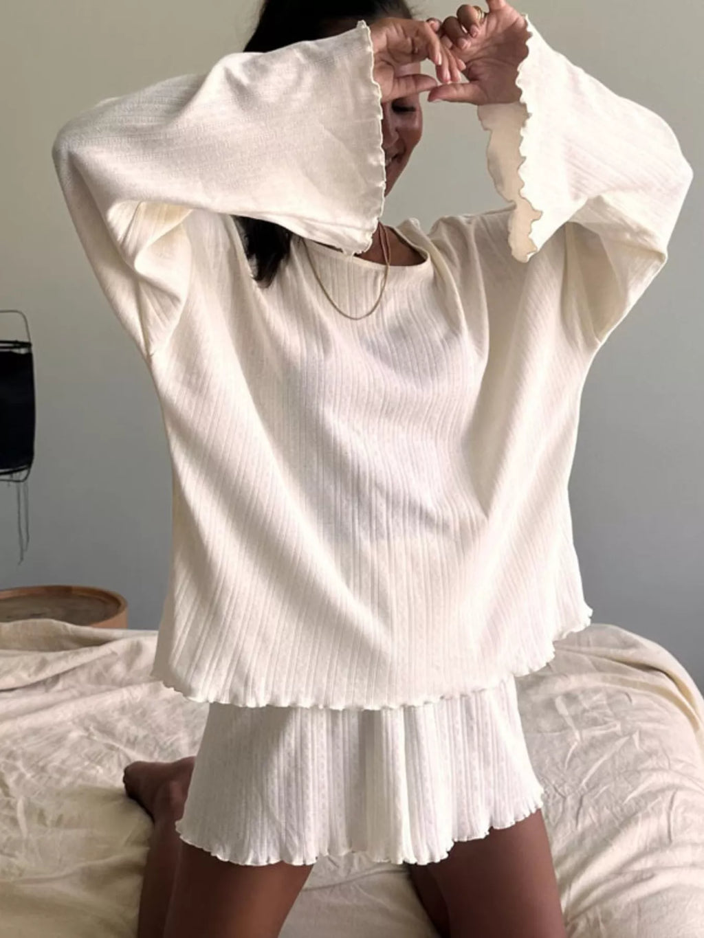 Ribbed Knit Long Sleeve Top and Shorts Lounge Set - Lilixa.store