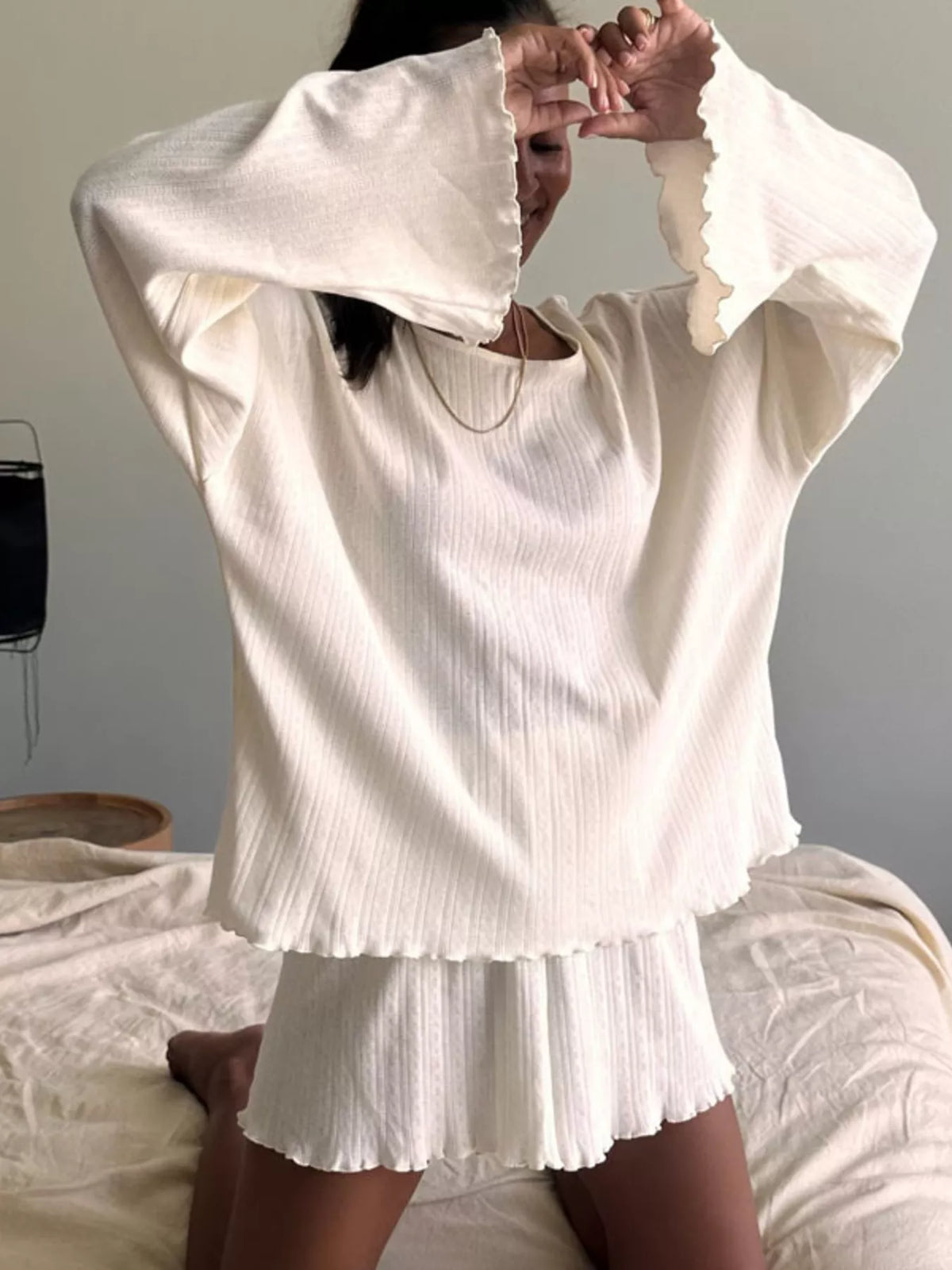 Ribbed Knit Long Sleeve Top and Shorts Lounge Set - Lilixa.store