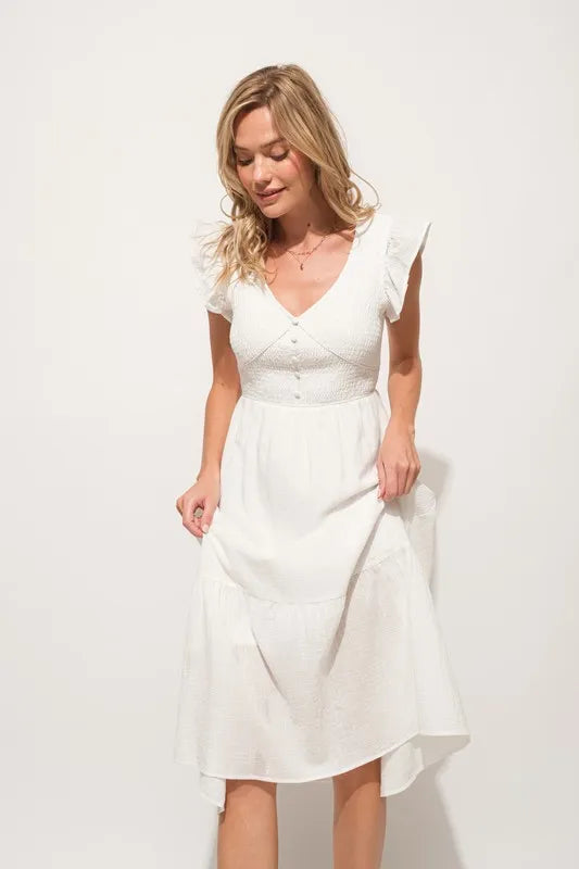 And The Why Ruffle Sleeve Front Smocked Tiered Midi Dress - Lilixa.store